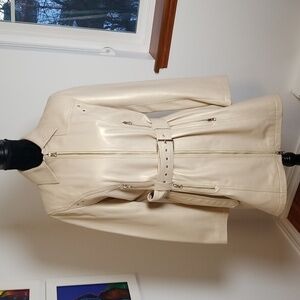 Women's Cream Italian Leather Zip-Front Belted Jacket